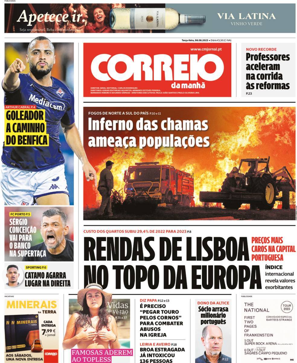 Correio da Manh&atilde;: Capa da Edi&ccedil;&atilde;o de ter&ccedil;a-feira, 08 de agosto 2023
