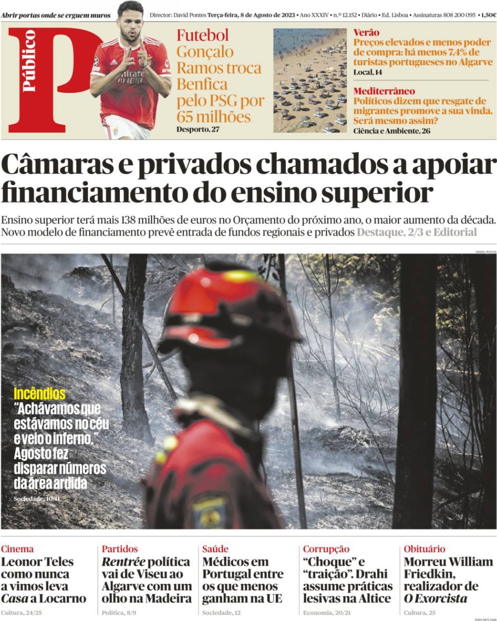 P&uacute;blico: Capa da Edi&ccedil;&atilde;o de ter&ccedil;a-feira, 08 de agosto 2023