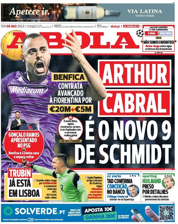 A Bola: Capa da Edi&ccedil;&atilde;o de ter&ccedil;a-feira, 08 de agosto 2023