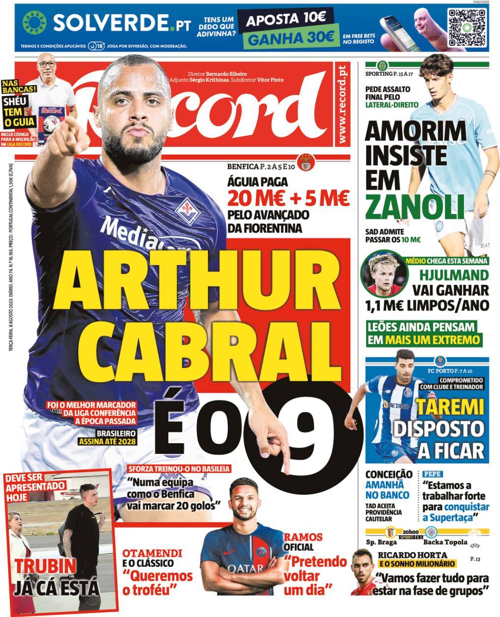 Record: Capa da Edi&ccedil;&atilde;o de ter&ccedil;a-feira, 08 de agosto 2023