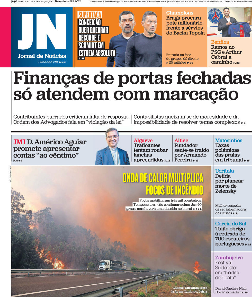 Jornal de Not&iacute;cias: Capa da Edi&ccedil;&atilde;o de ter&ccedil;a-feira, 08 de agosto 2023
