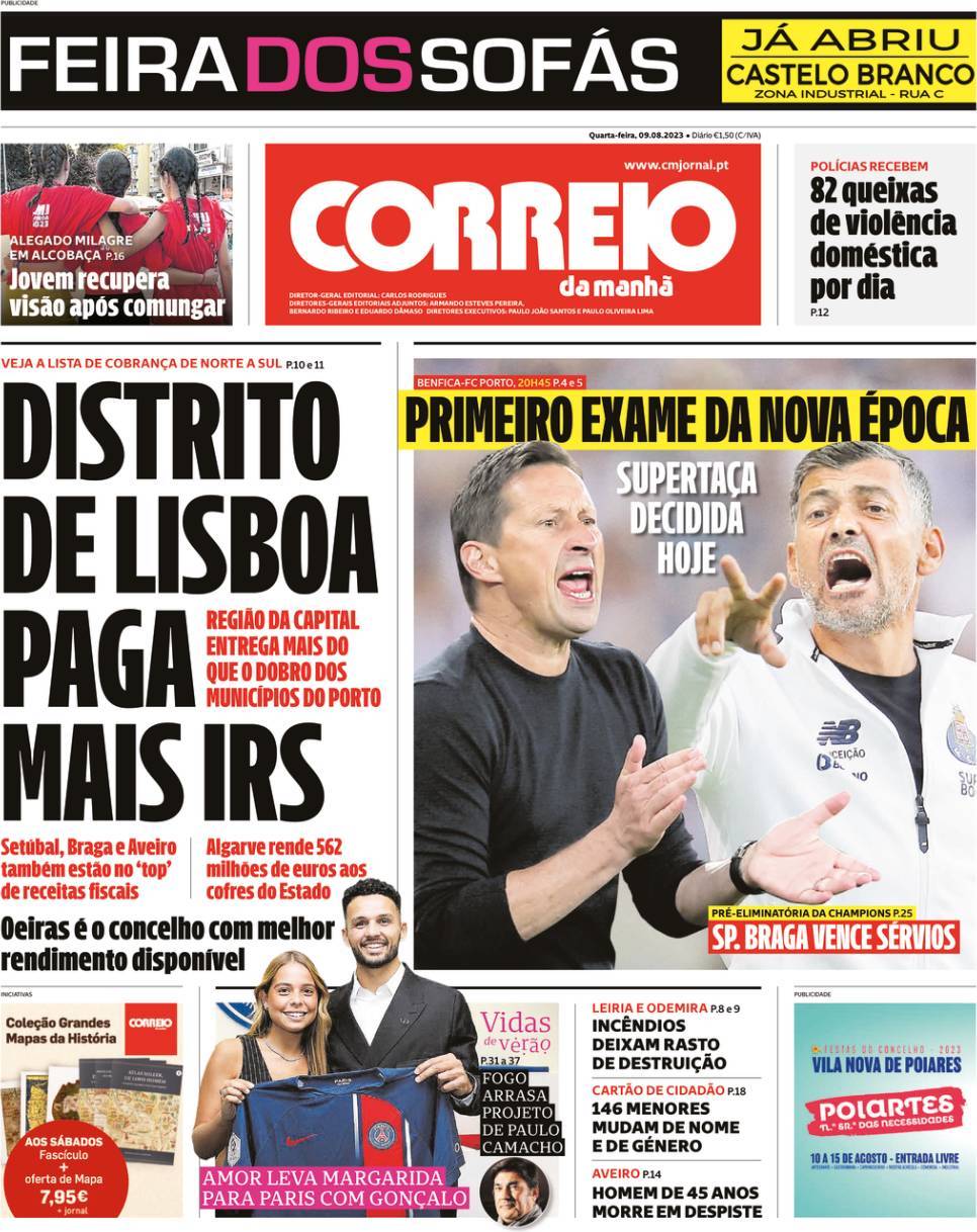 Correio da Manh&atilde;: Capa da Edi&ccedil;&atilde;o de quarta-feira, 09 de agosto 2023