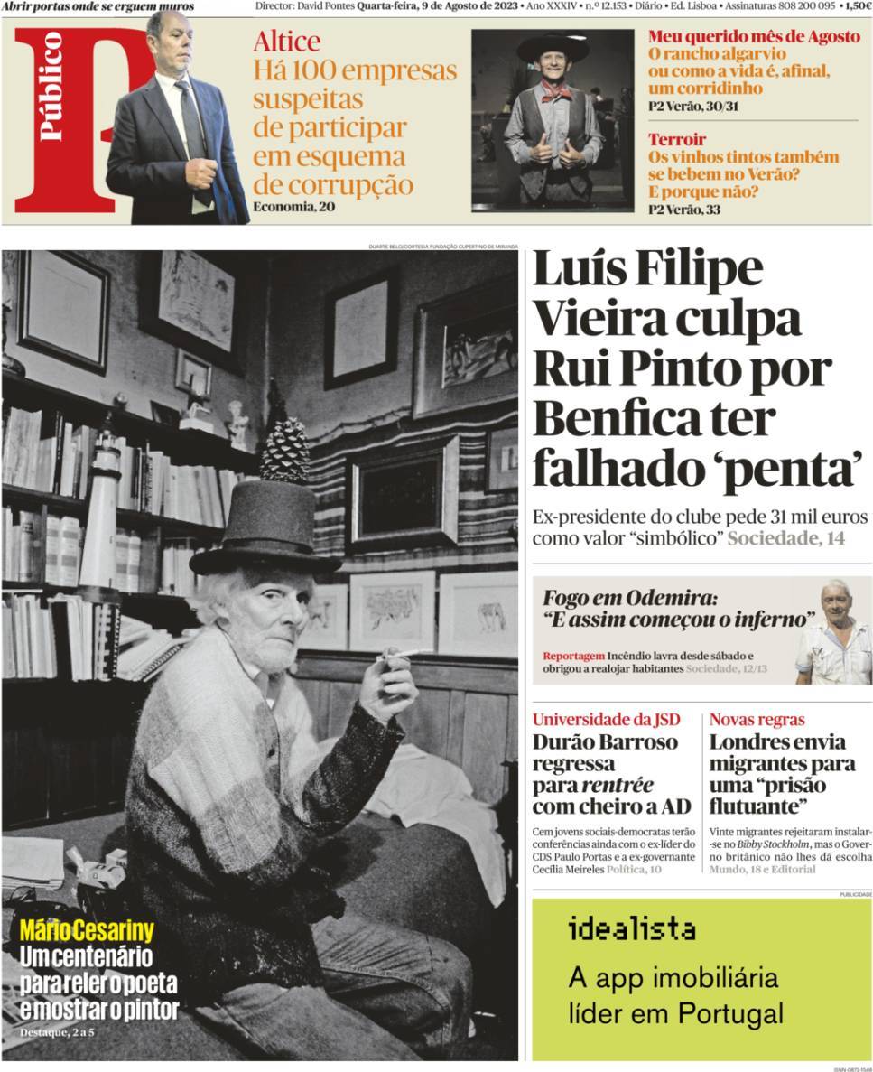 P&uacute;blico: Capa da Edi&ccedil;&atilde;o de quarta-feira, 09 de agosto 2023