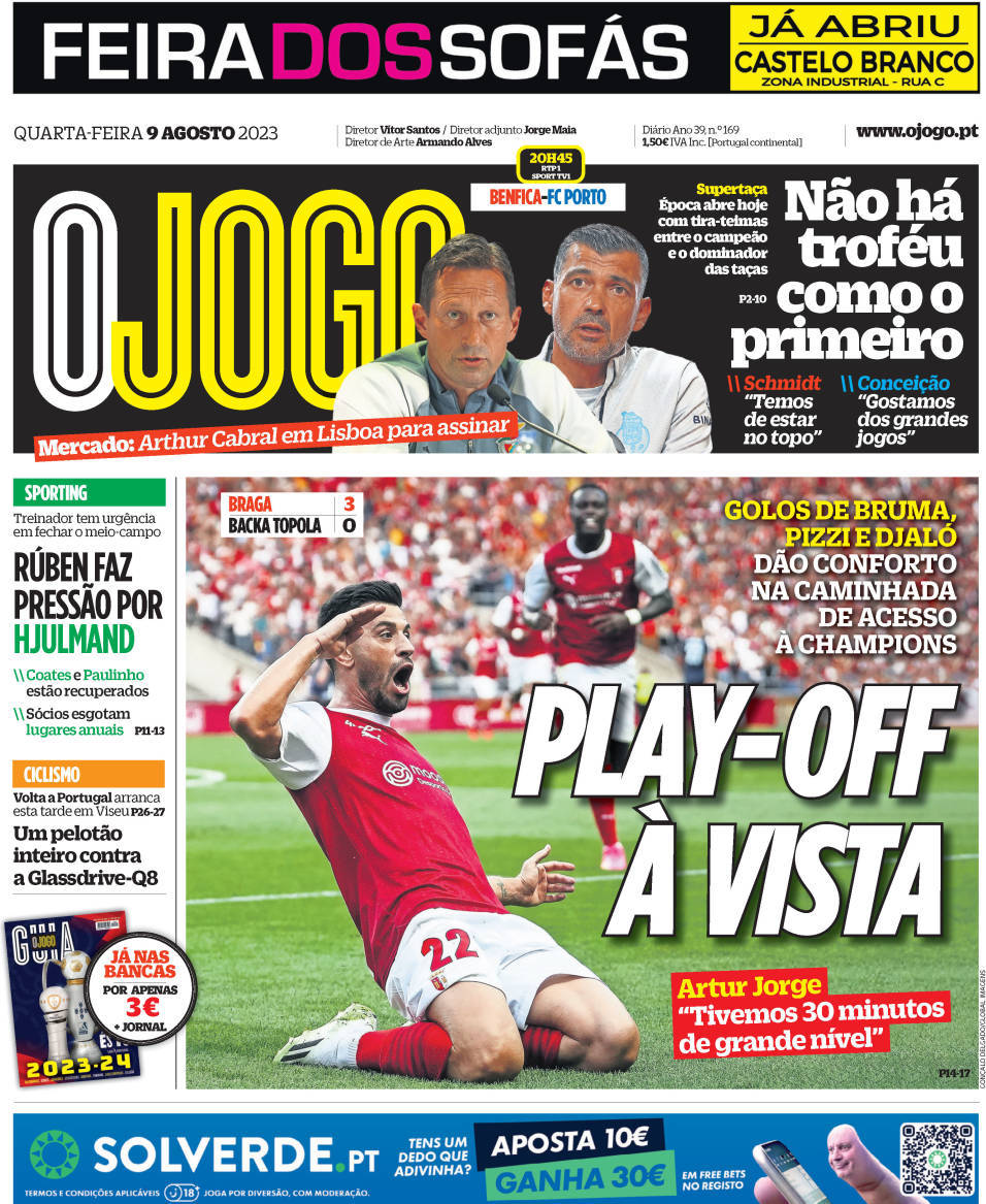O Jogo: Capa da Edi&ccedil;&atilde;o de quarta-feira, 09 de agosto 2023