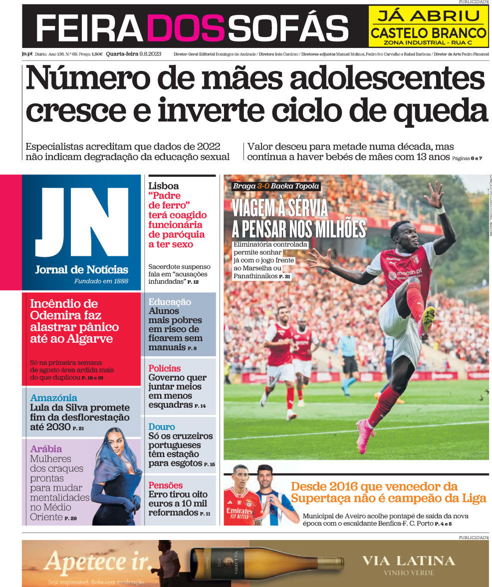 Jornal de Not&iacute;cias: Capa da Edi&ccedil;&atilde;o de quarta-feira, 09 de agosto 2023