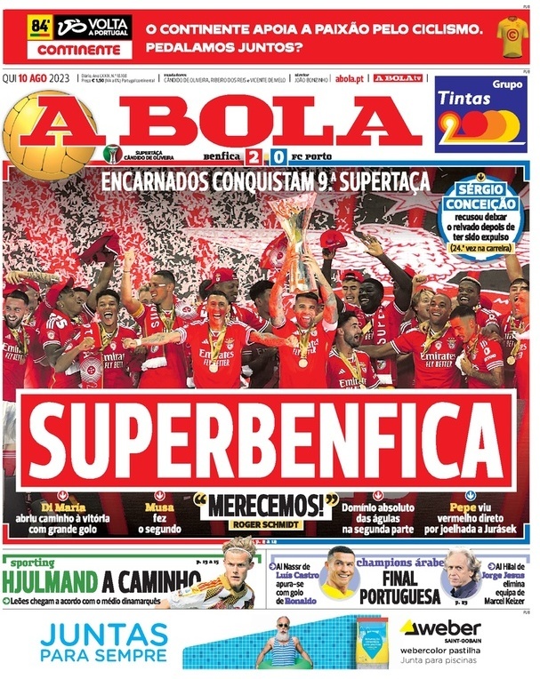 A Bola: Capa da Edi&ccedil;&atilde;o de quinta-feira, 10 de agosto 2023