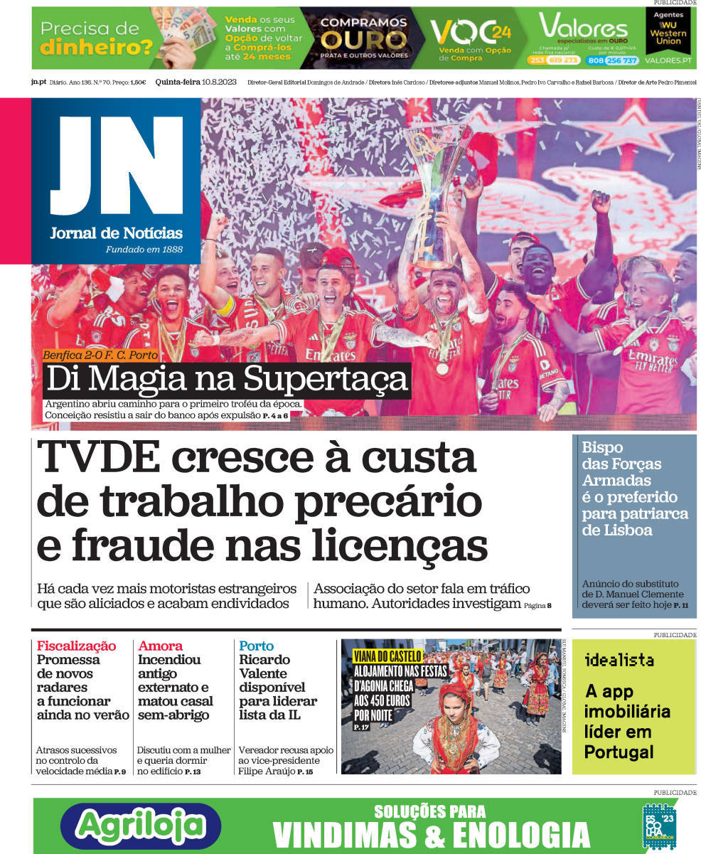 Jornal de Not&iacute;cias: Capa da Edi&ccedil;&atilde;o de quinta-feira, 10 de agosto 2023