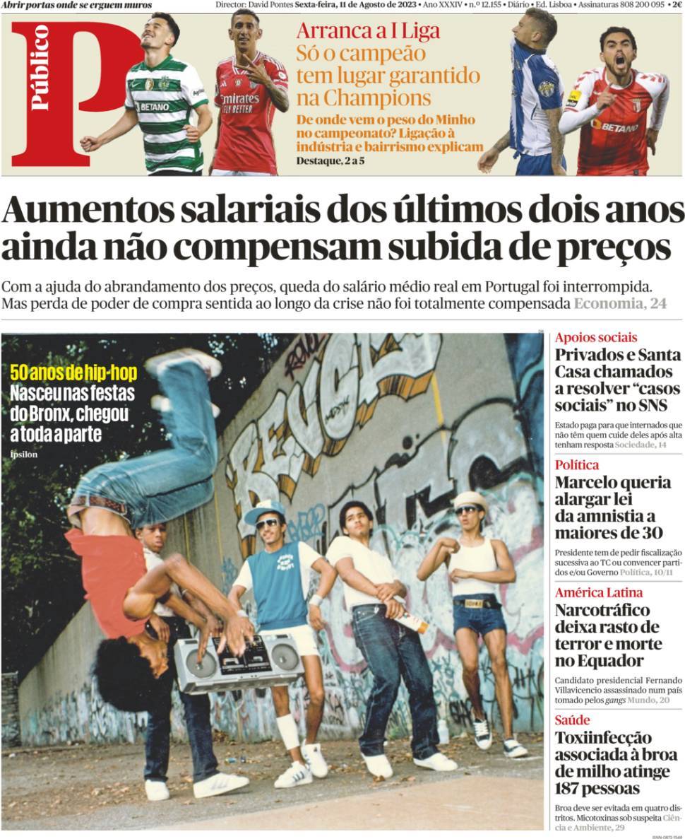 P&uacute;blico: Capa da Edi&ccedil;&atilde;o de sexta-feira, 11 de agosto 2023