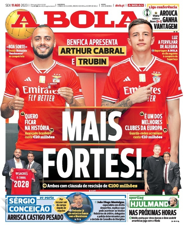 A Bola: Capa da Edi&ccedil;&atilde;o de sexta-feira, 11 de agosto 2023