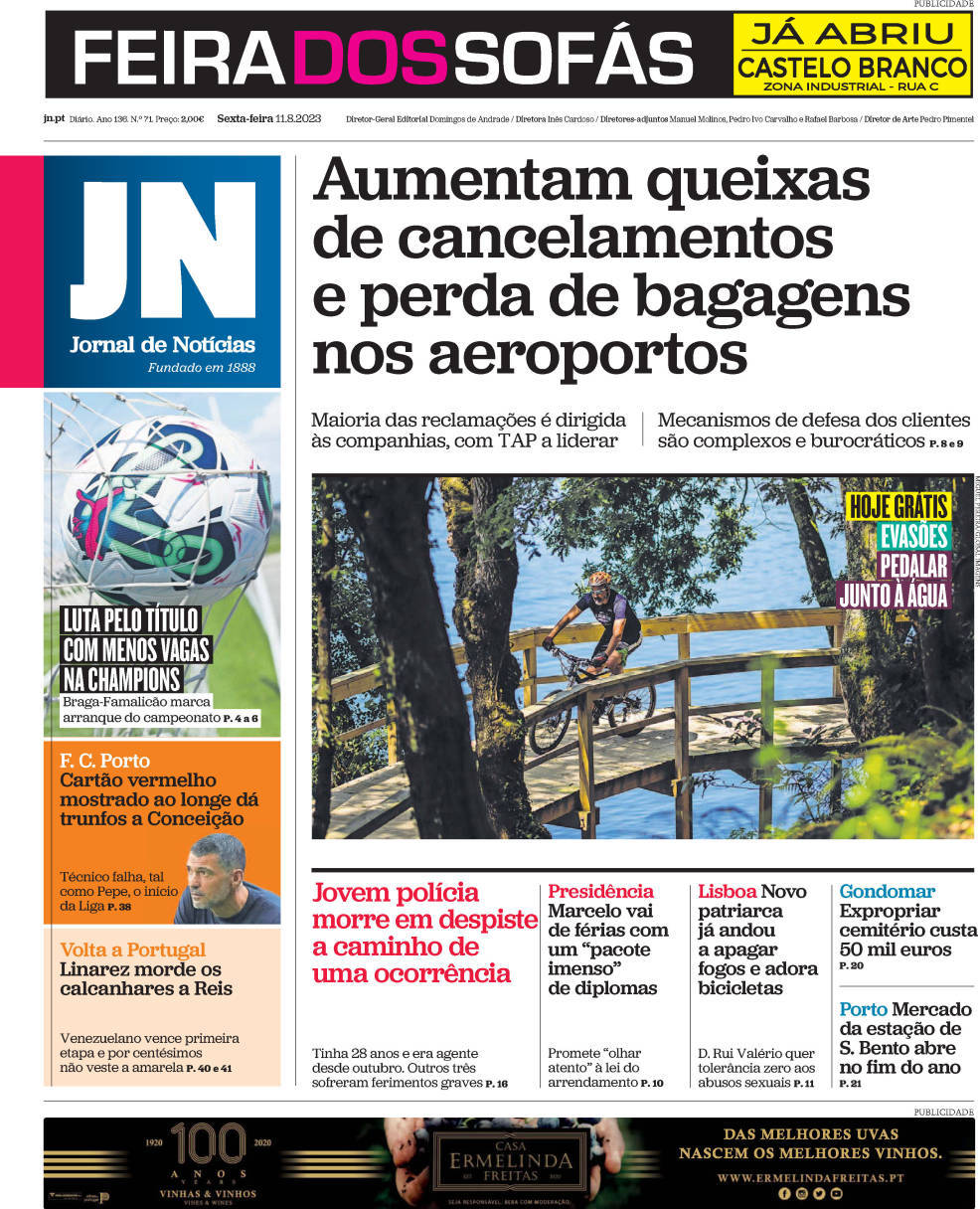 Jornal de Not&iacute;cias: Capa da Edi&ccedil;&atilde;o de sexta-feira, 11 de agosto 2023
