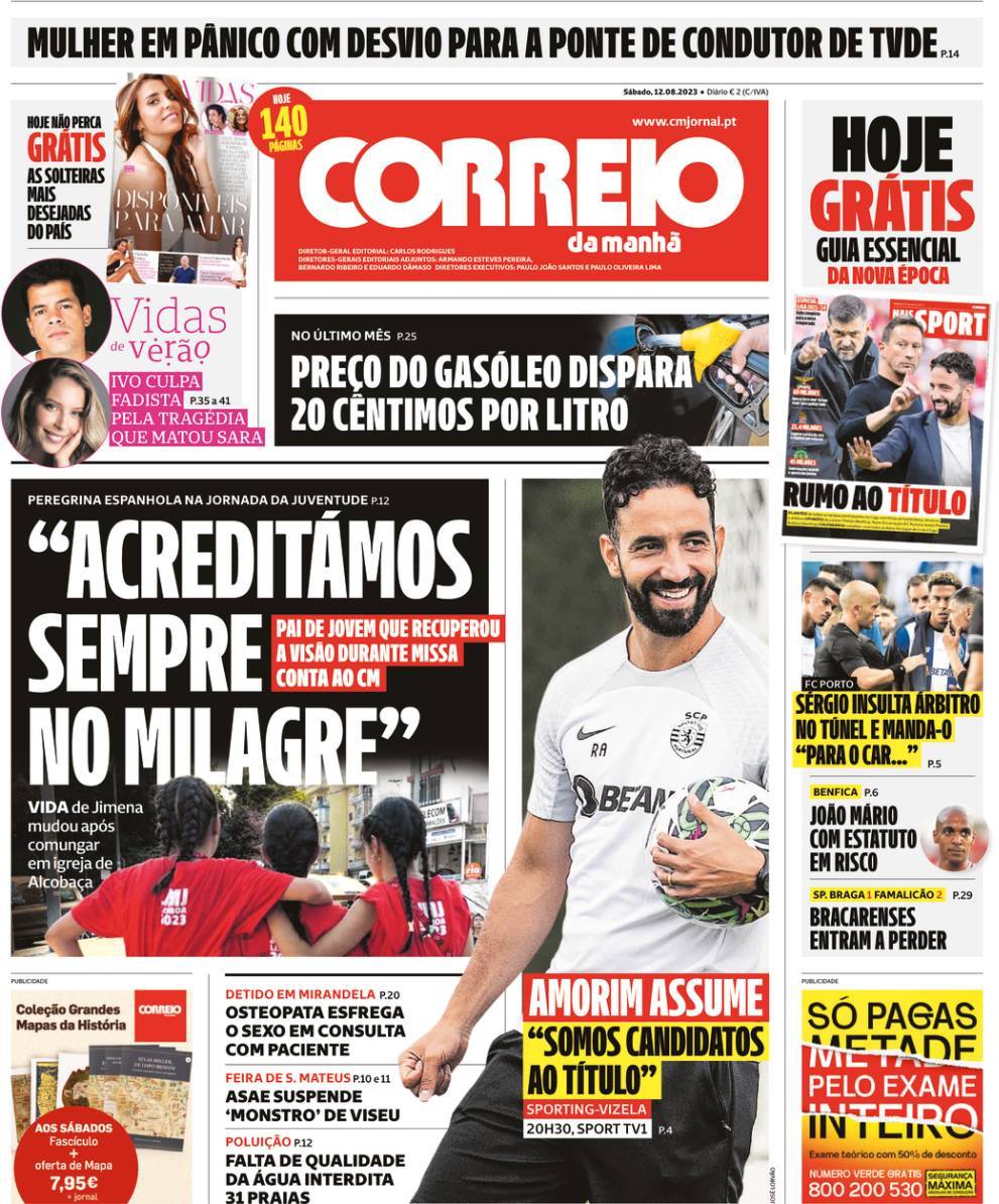 Correio da Manh&atilde;: Capa da Edi&ccedil;&atilde;o de s&aacute;bado, 12 de agosto 2023