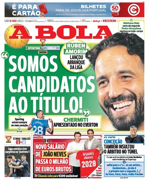 A Bola: Capa da Edi&ccedil;&atilde;o de s&aacute;bado, 12 de agosto 2023