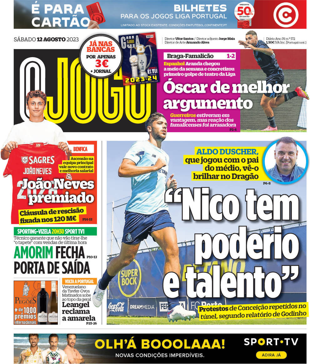 O Jogo: Capa da Edi&ccedil;&atilde;o de s&aacute;bado, 12 de agosto 2023