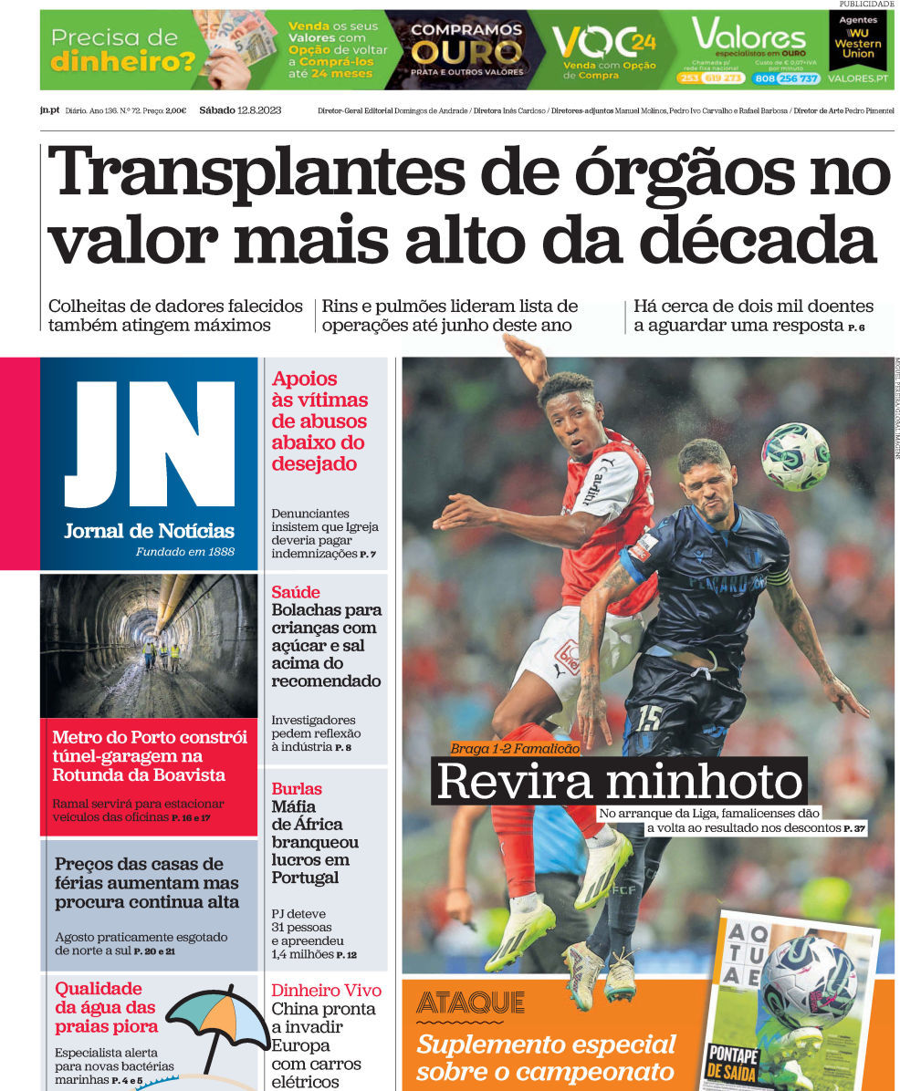 Jornal de Not&iacute;cias: Capa da Edi&ccedil;&atilde;o de s&aacute;bado, 12 de agosto 2023