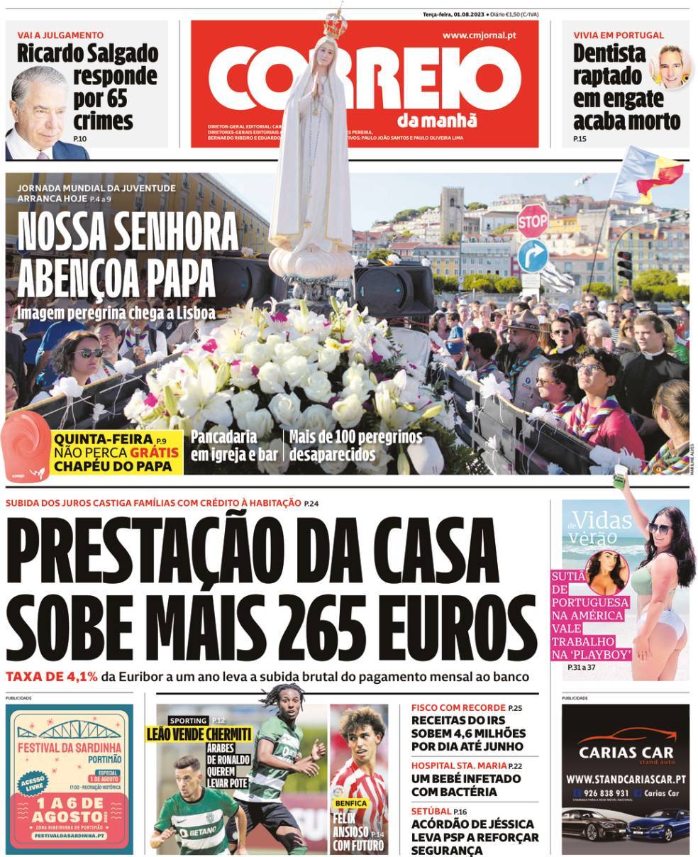 Correio da Manh&atilde;: Capa da Edi&ccedil;&atilde;o de ter&ccedil;a-feira, 01 de agosto 2023