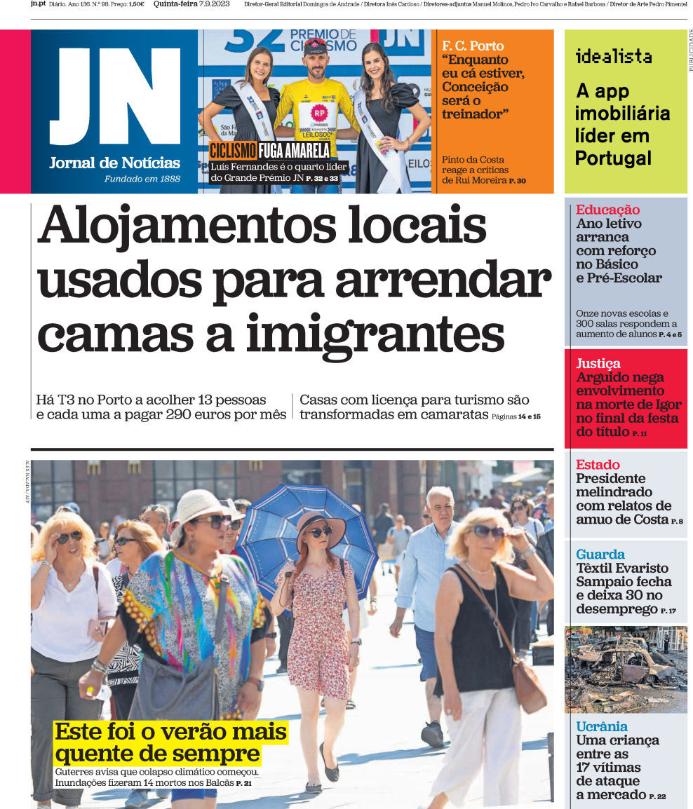 Jornal de Not&iacute;cias: Capa da Edi&ccedil;&atilde;o de quinta-feira, 07 de setembro 2023