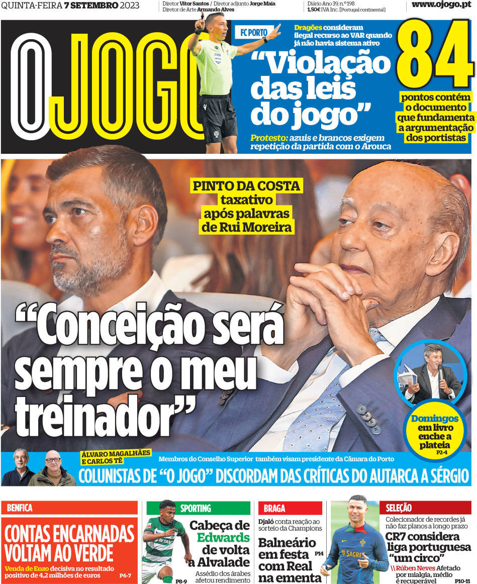 O Jogo: Capa da Edi&ccedil;&atilde;o de quinta-feira, 07 de setembro 2023