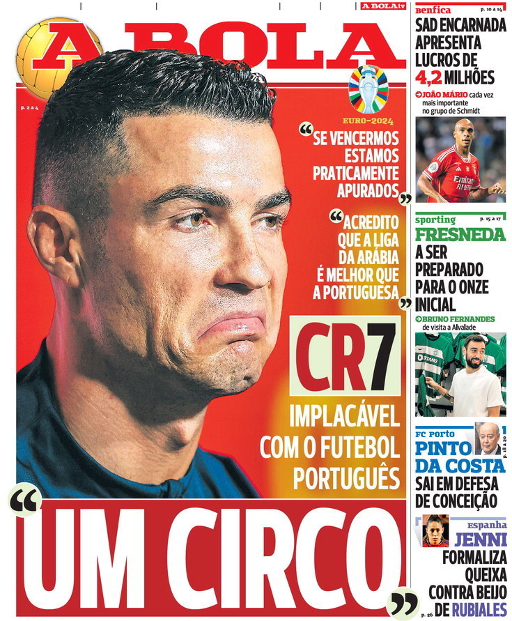 A Bola: Capa da Edi&ccedil;&atilde;o de quinta-feira, 07 de setembro 2023