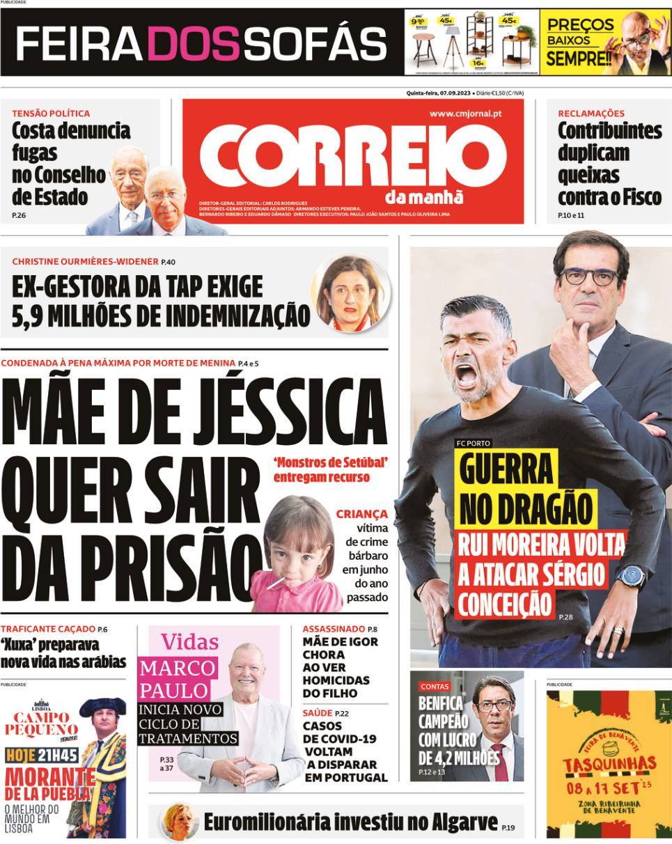 Correio da Manh&atilde;: Capa da Edi&ccedil;&atilde;o de quinta-feira, 07 de setembro 2023