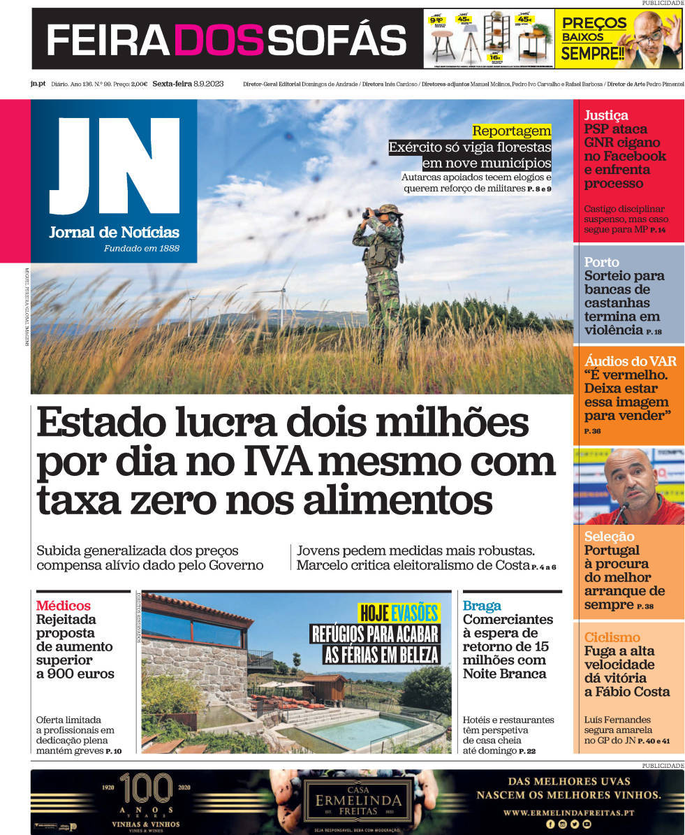 Jornal de Not&iacute;cias: Capa da Edi&ccedil;&atilde;o de sexta-feira, 08 de setembro 2023