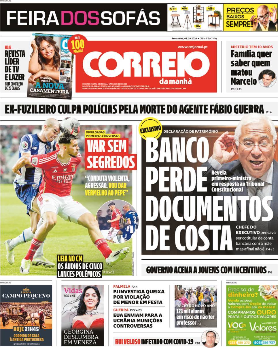 Correio da Manh&atilde;: Capa da Edi&ccedil;&atilde;o de sexta-feira, 08 de setembro 2023