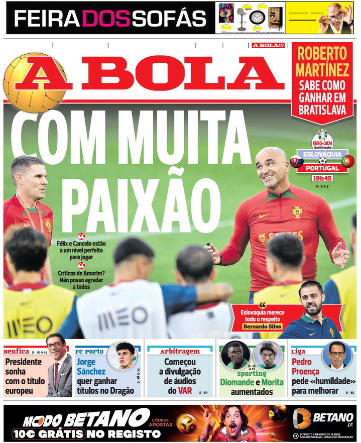 A Bola: Capa da Edi&ccedil;&atilde;o de sexta-feira, 08 de setembro 2023