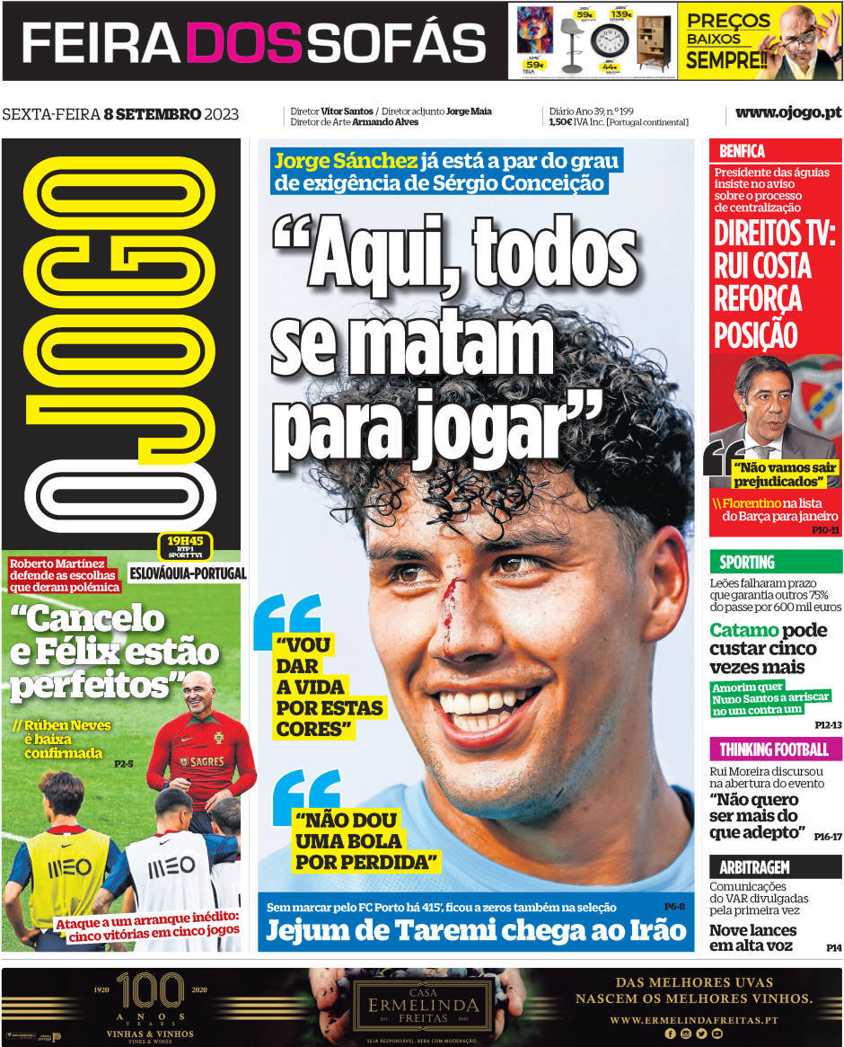 O Jogo: Capa da Edi&ccedil;&atilde;o de sexta-feira, 08 de setembro 2023