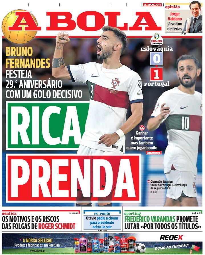 A Bola: Capa da Edi&ccedil;&atilde;o de s&aacute;bado, 09 de setembro 2023