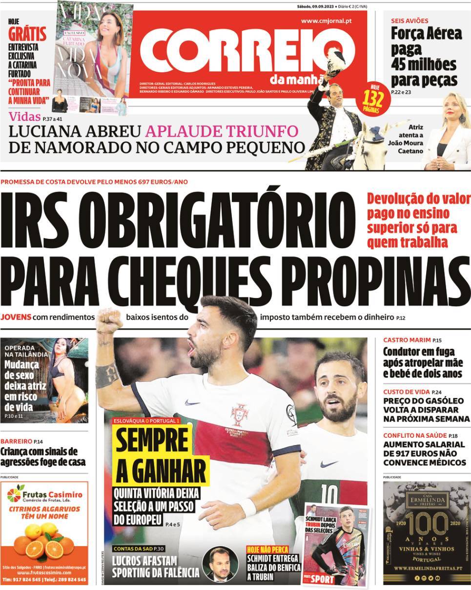 Correio da Manh&atilde;: Capa da Edi&ccedil;&atilde;o de s&aacute;bado, 09 de setembro 2023