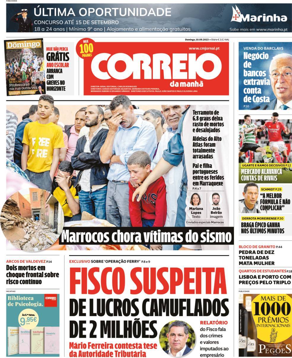 Correio da Manh&atilde;: Capa da Edi&ccedil;&atilde;o de domingo, 10 de setembro 2023