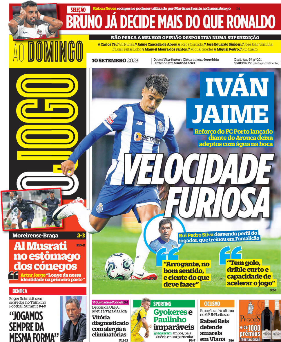 O Jogo: Capa da Edi&ccedil;&atilde;o de domingo, 10 de setembro 2023