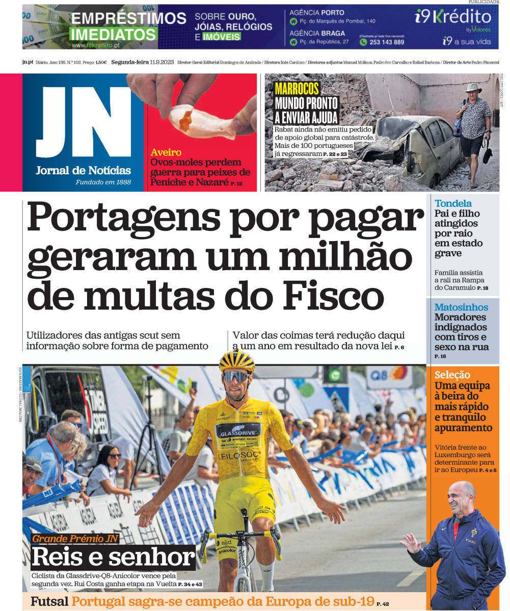 Jornal de Not&iacute;cias: Capa da Edi&ccedil;&atilde;o de segunda-feira, 11 de setembro 2023