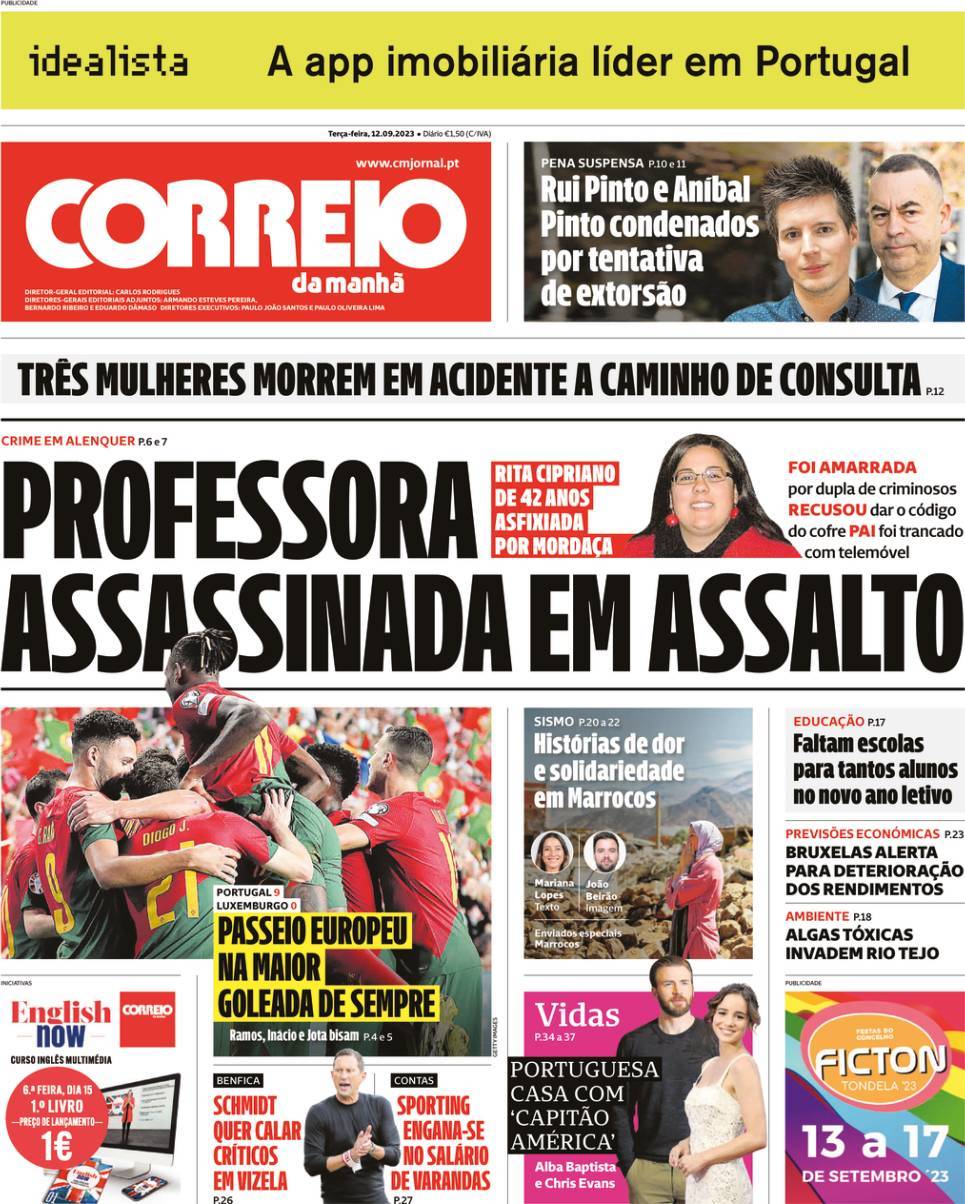 Correio da Manh&atilde;: Capa da Edi&ccedil;&atilde;o de ter&ccedil;a-feira, 12 de setembro 2023