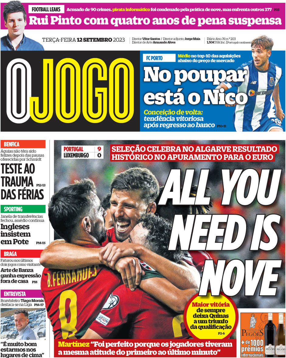 O Jogo: Capa da Edi&ccedil;&atilde;o de ter&ccedil;a-feira, 12 de setembro 2023