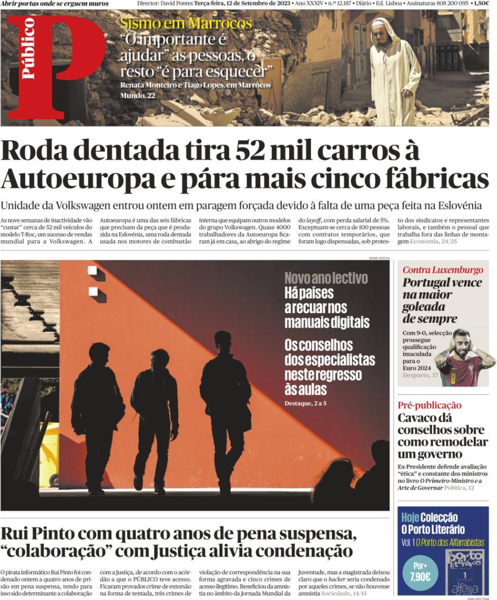 P&uacute;blico: Capa da Edi&ccedil;&atilde;o de ter&ccedil;a-feira, 12 de setembro 2023