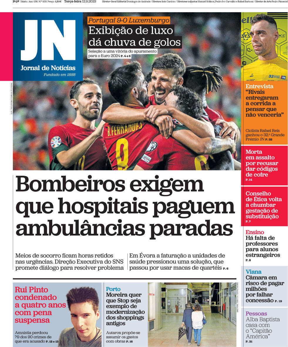 Jornal de Not&iacute;cias: Capa da Edi&ccedil;&atilde;o de ter&ccedil;a-feira, 12 de setembro 2023