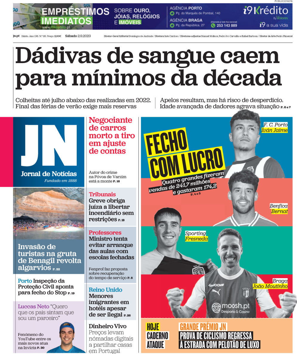 Jornal de Not&iacute;cias: Capa da Edi&ccedil;&atilde;o de s&aacute;bado, 02 de setembro 2023