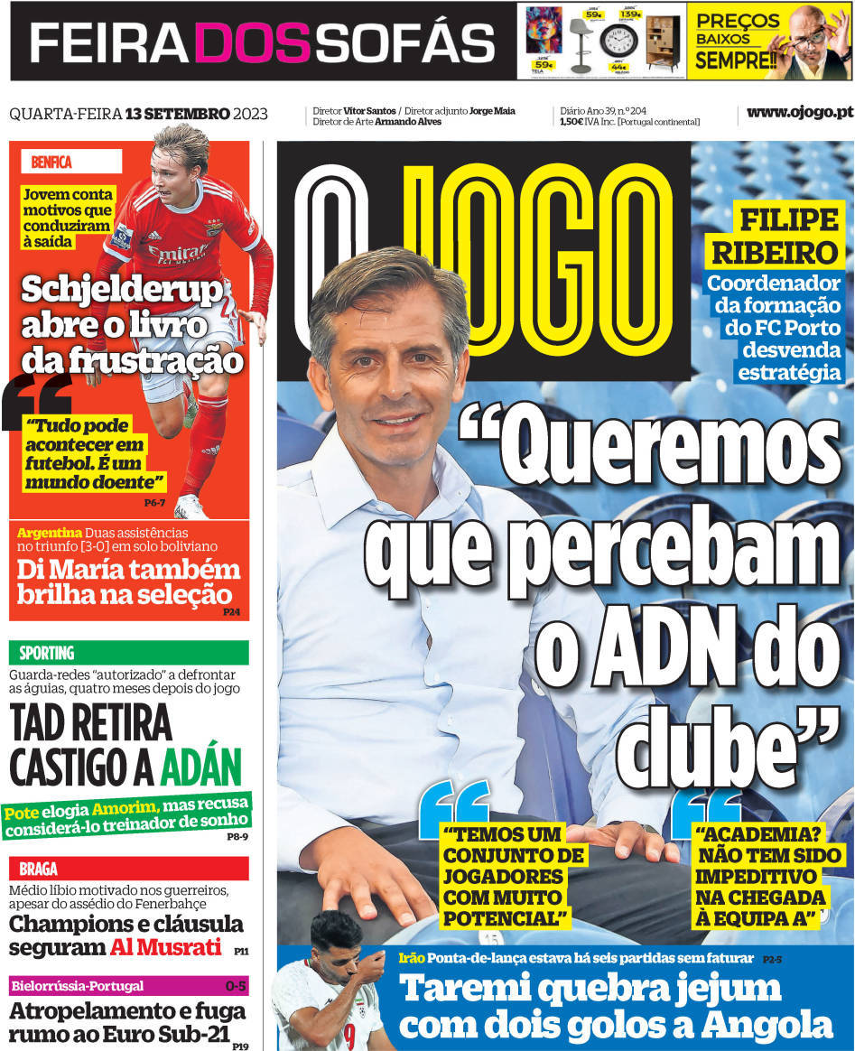 O Jogo: Capa da Edi&ccedil;&atilde;o de quarta-feira, 13 de setembro 2023