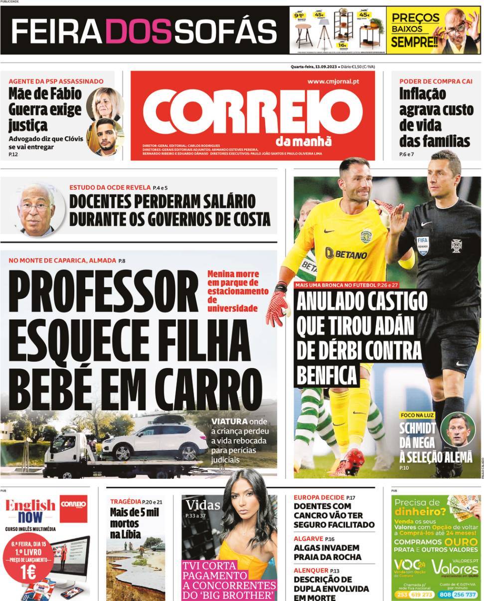 Correio da Manh&atilde;: Capa da Edi&ccedil;&atilde;o de quarta-feira, 13 de setembro 2023