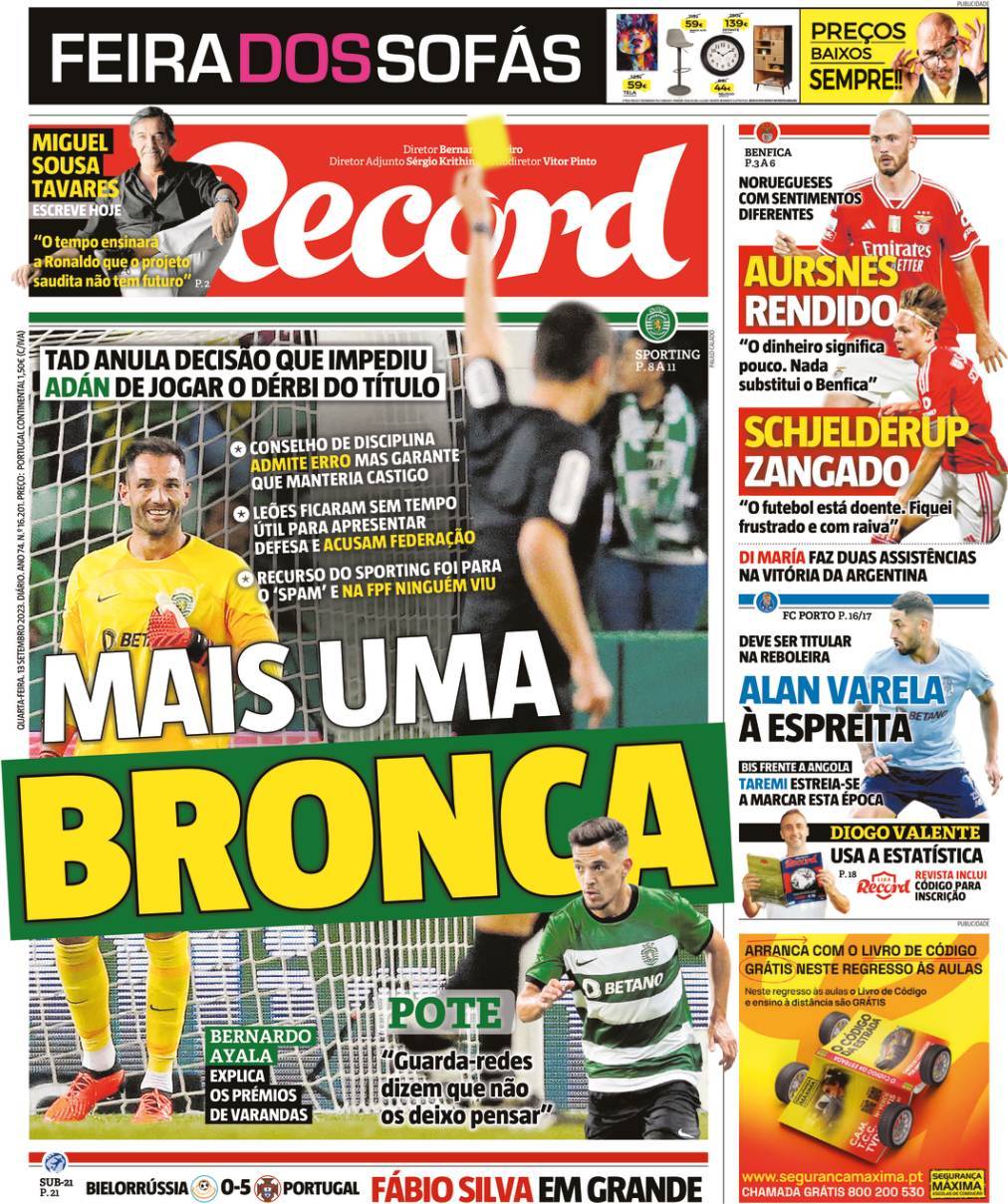 Record: Capa da Edi&ccedil;&atilde;o de quarta-feira, 13 de setembro 2023