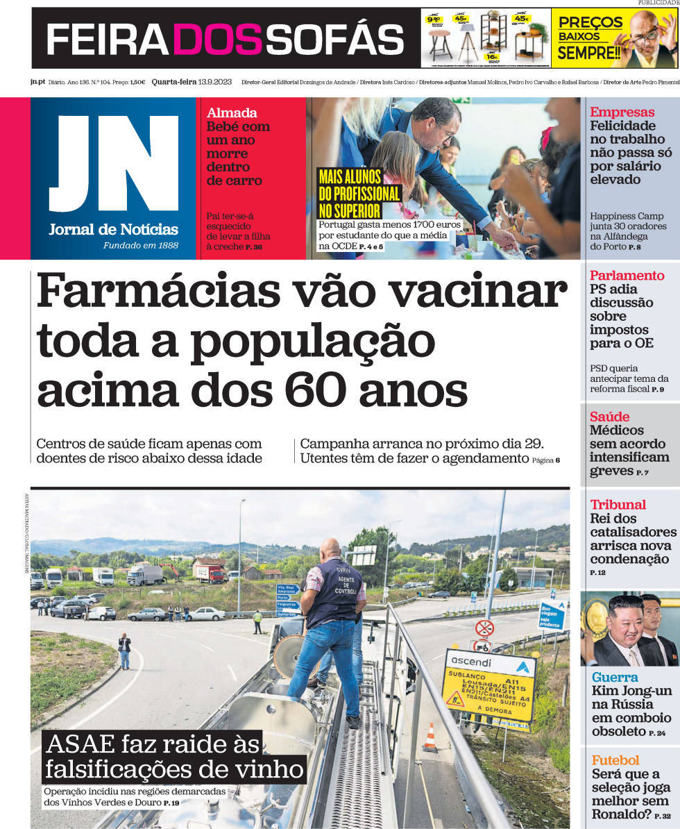 Jornal de Not&iacute;cias: Capa da Edi&ccedil;&atilde;o de quarta-feira, 13 de setembro 2023