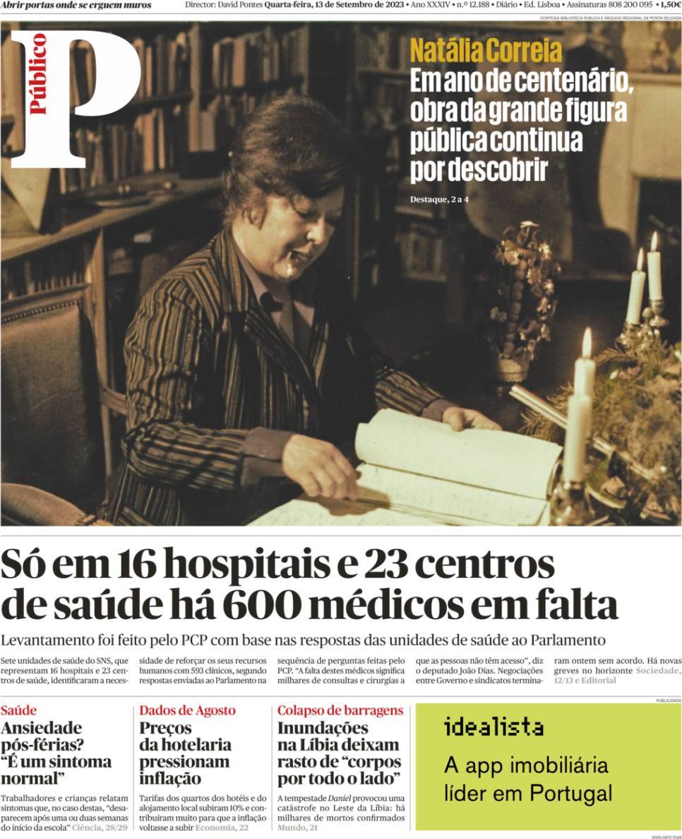 P&uacute;blico: Capa da Edi&ccedil;&atilde;o de quarta-feira, 13 de setembro 2023