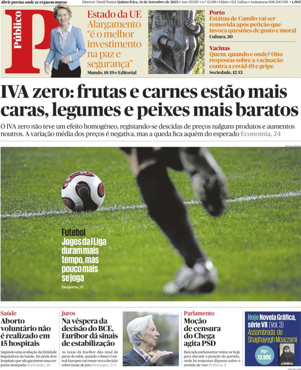P&uacute;blico: Capa da Edi&ccedil;&atilde;o de quinta-feira, 14 de setembro 2023