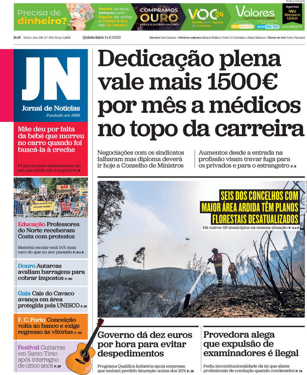 Jornal de Not&iacute;cias: Capa da Edi&ccedil;&atilde;o de quinta-feira, 14 de setembro 2023