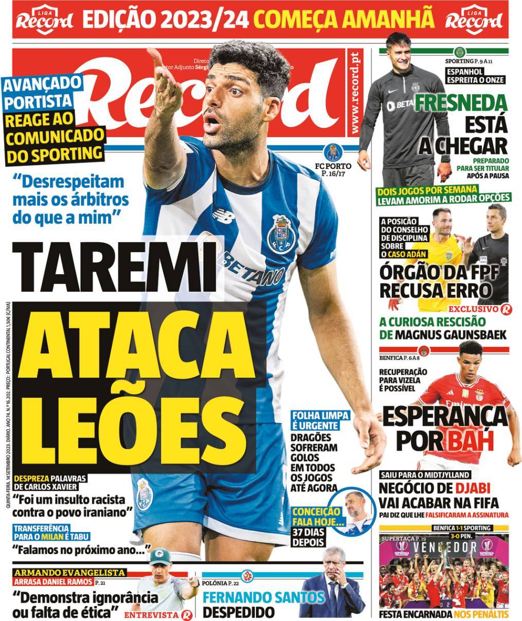 Record: Capa da Edi&ccedil;&atilde;o de quinta-feira, 14 de setembro 2023