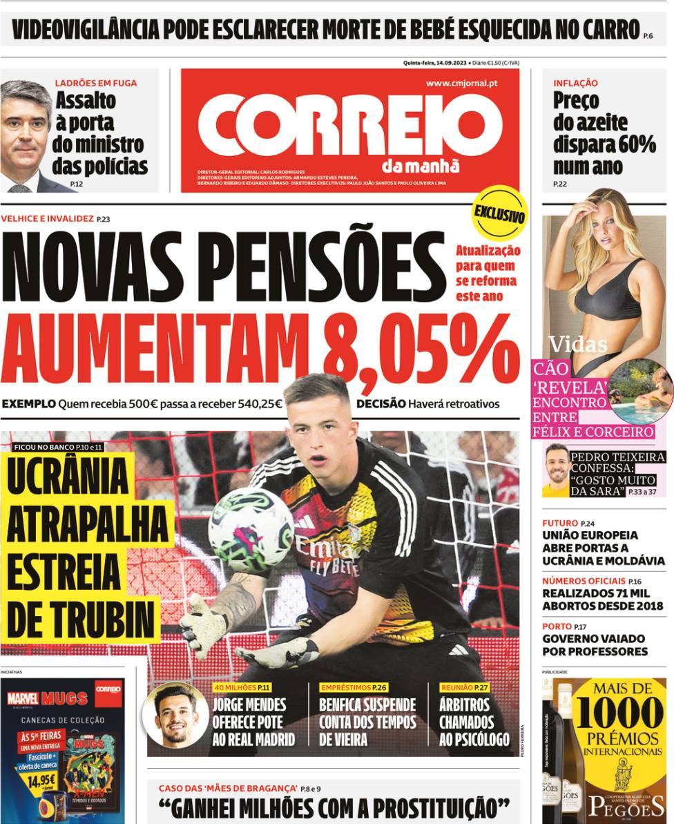 Correio da Manh&atilde;: Capa da Edi&ccedil;&atilde;o de quinta-feira, 14 de setembro 2023