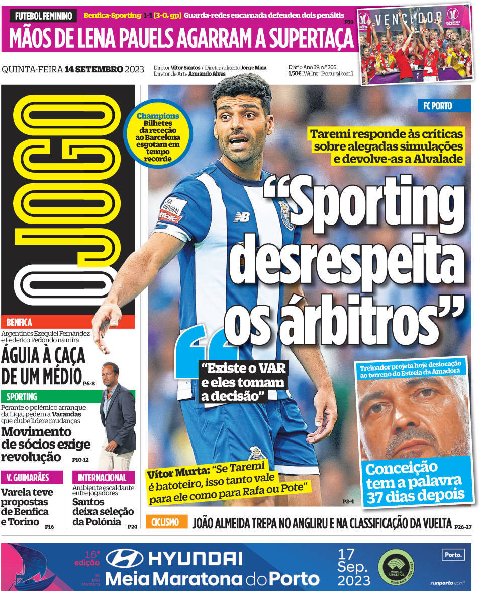 O Jogo: Capa da Edi&ccedil;&atilde;o de quinta-feira, 14 de setembro 2023