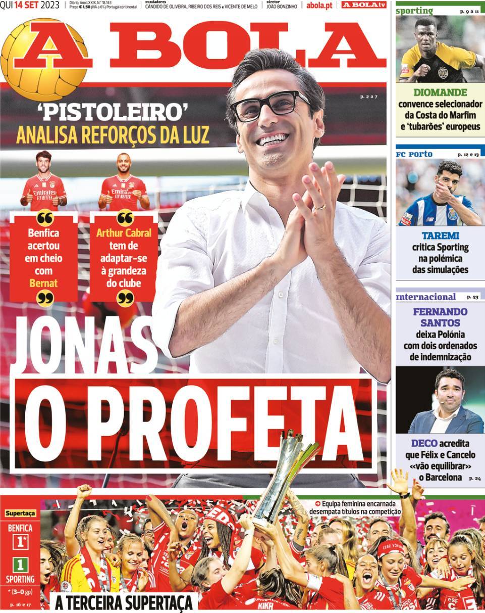 A Bola: Capa da Edi&ccedil;&atilde;o de quinta-feira, 14 de setembro 2023