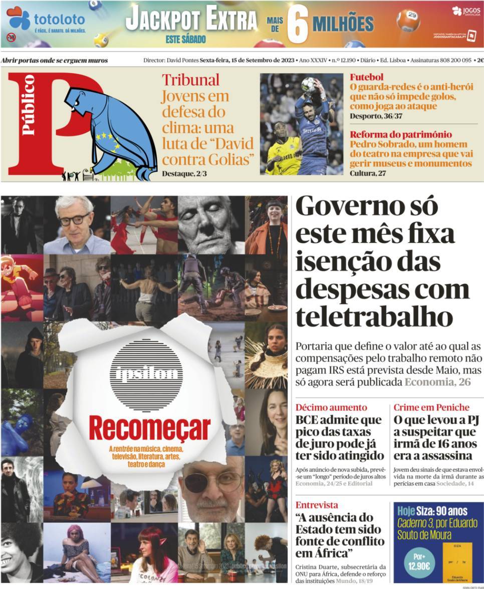 P&uacute;blico: Capa da Edi&ccedil;&atilde;o de sexta-feira, 15 de setembro 2023