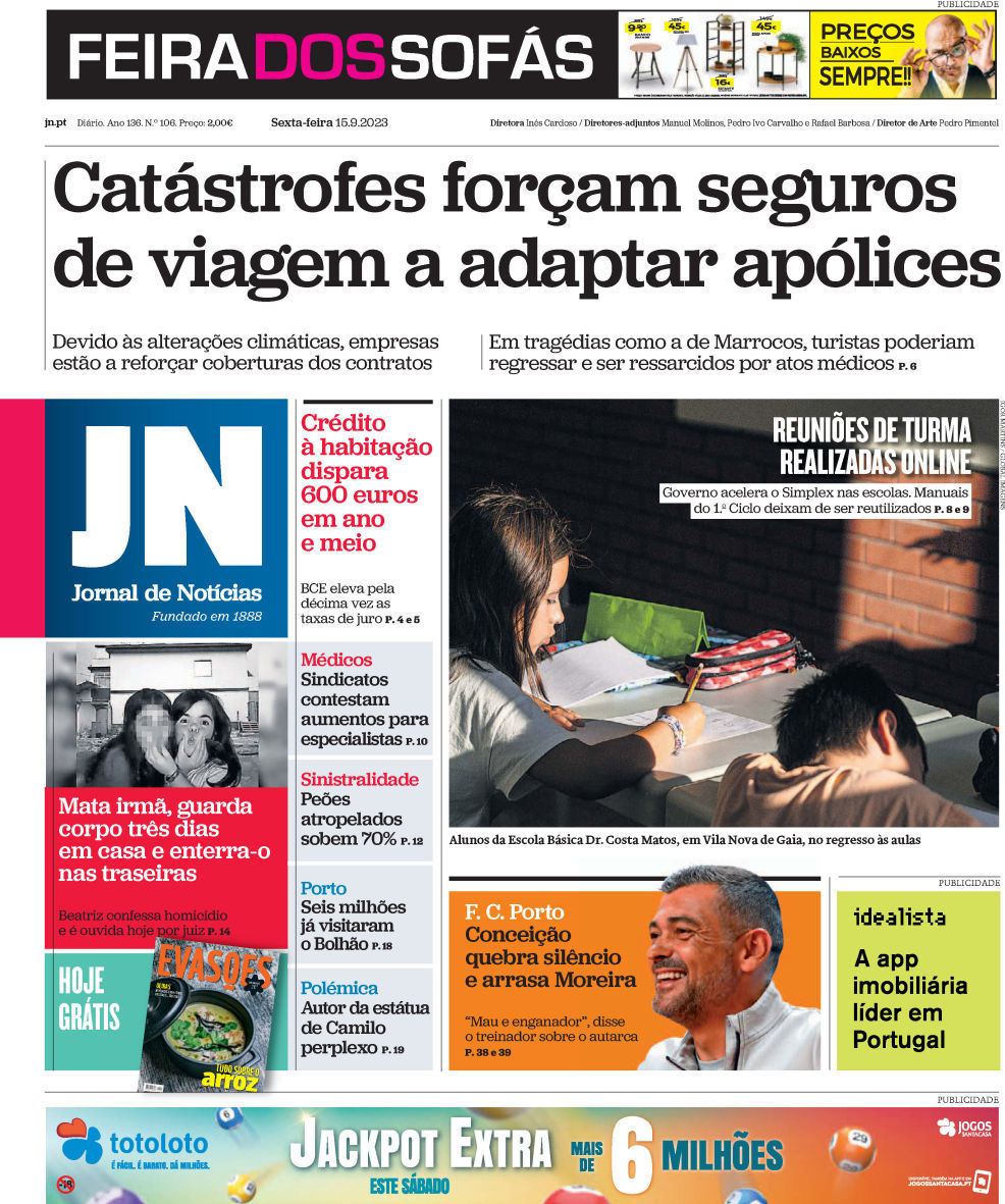 Jornal de Not&iacute;cias: Capa da Edi&ccedil;&atilde;o de sexta-feira, 15 de setembro 2023